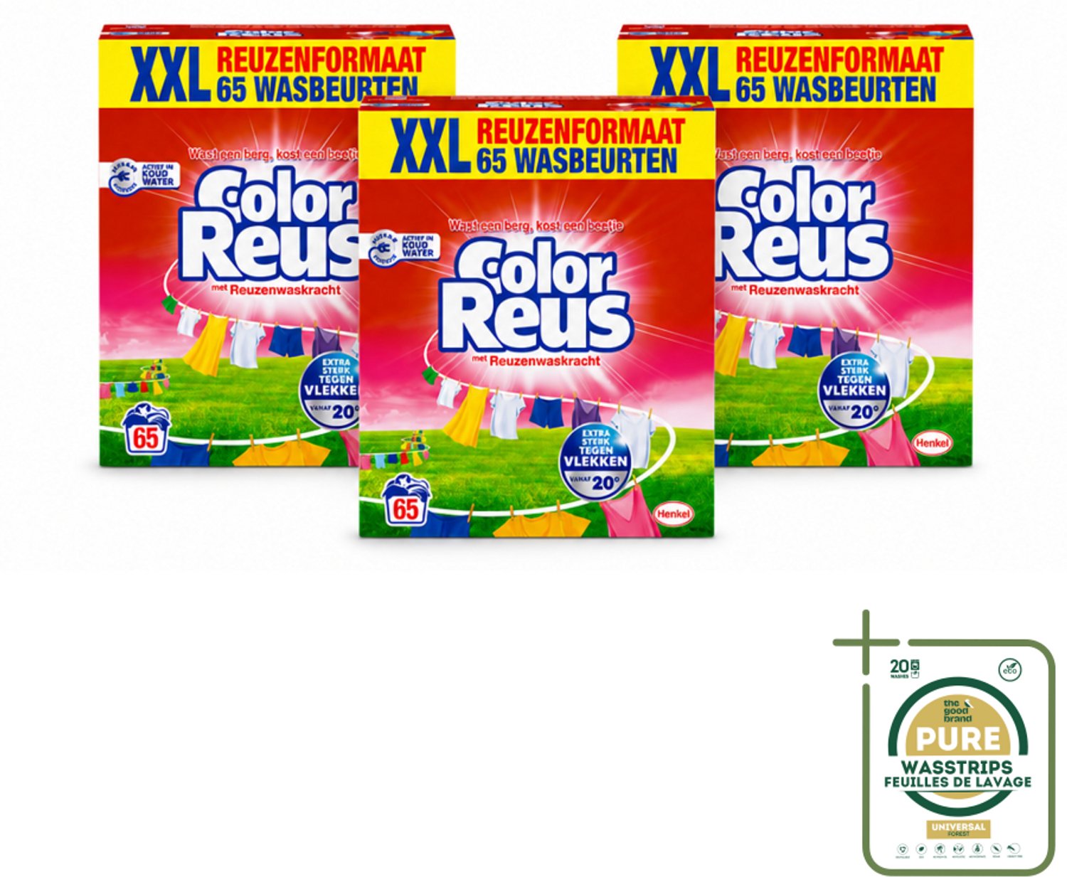 3 x Color Reus - Waspoeder - Gekleurde Was - 65 Wasbeurten - Wasstrips - Kleurbehoud - Waspoeder - Gekleurde Was - Vlekverwijdering - Frisheid