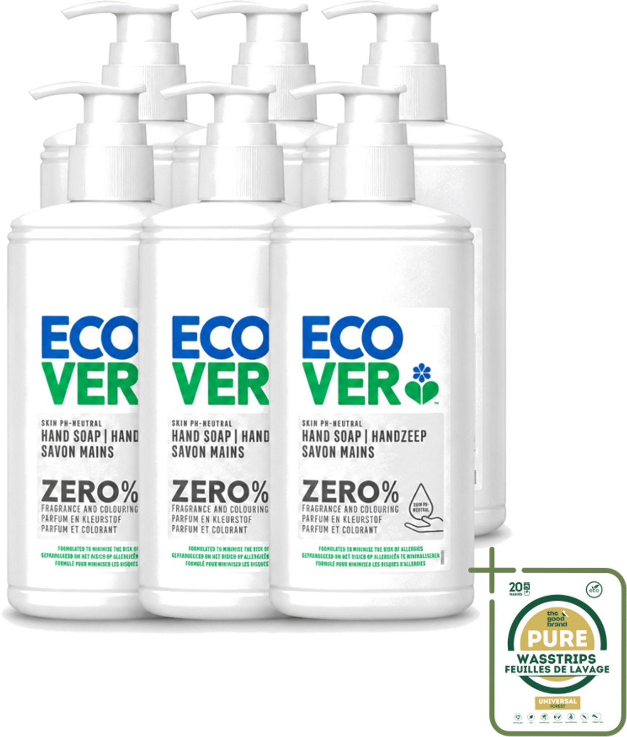 6 x Ecover - Handzeep ZERO - Parfumvrij - 250 ml - Wasstrips - Handzeep Zero - Parfumvrij Handzeep - Hypoallergene Handzeep - Gevoelige Huid - Eczeem Handzeep