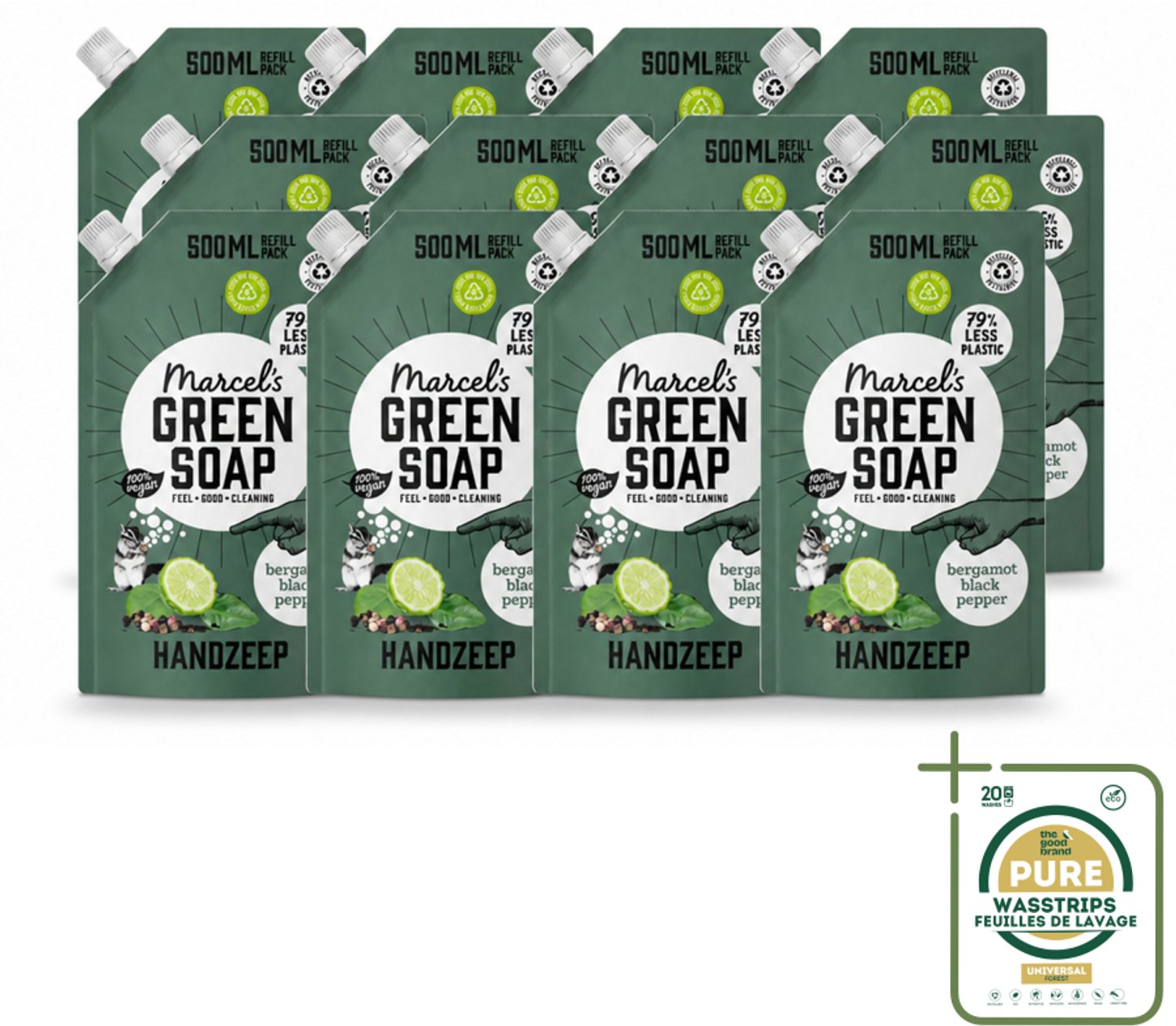 12 x Marcel's Green Soap - Handzeep - Bergamot & Black Pepper - Natuurlijke verzorging - 500 ml - Wasstrips - Handzeep Bergamot En Zwarte Peper - Natuurlijke Handzeep - Biologische Handzeep - Handzeep Navulling - Handzeep Met Geur