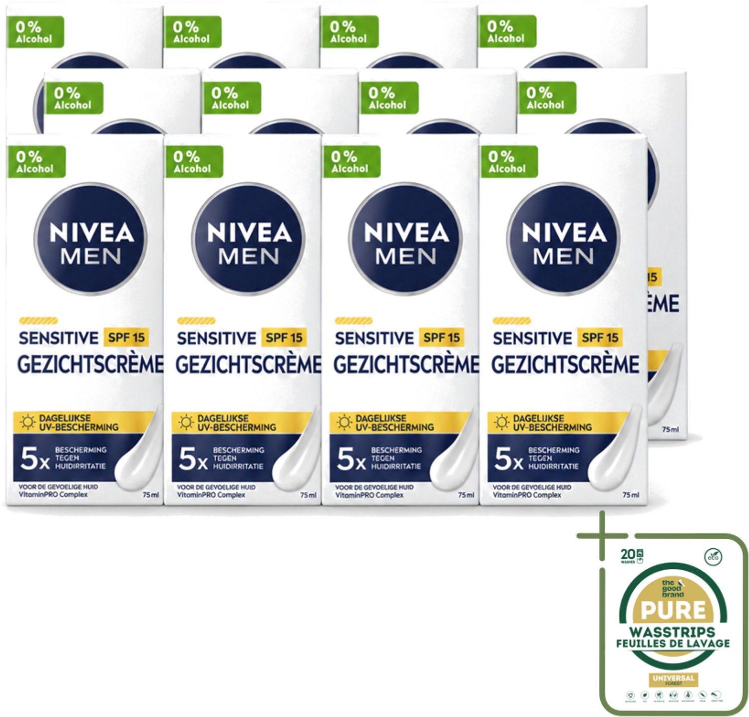 12 x NIVEA MEN - Sensitive - Gezichtscrème met SPF 15 - 75 ml - Wasstrips - Gevoelige Huid - Gezichtscreme - SPF 15 - Dagcrème - Alcoholvrije Crème