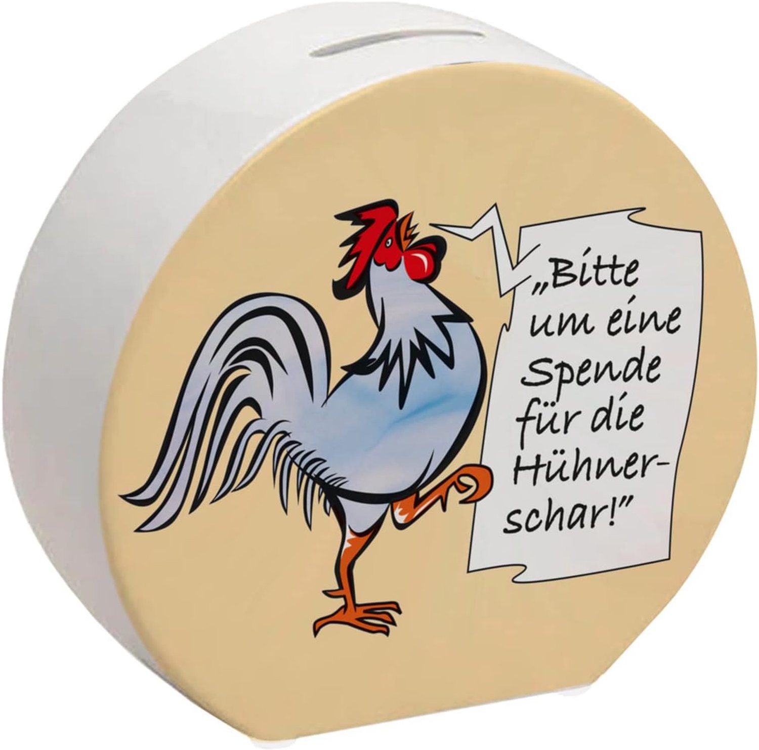 Spaarpot met haanmotief in de kleur blauw, met fooienthema en grappige spreuk; een mooie spaarpot als cadeau voor zuinige mensen die van kippen houden en op de boerderij een kudde kippen hebben.