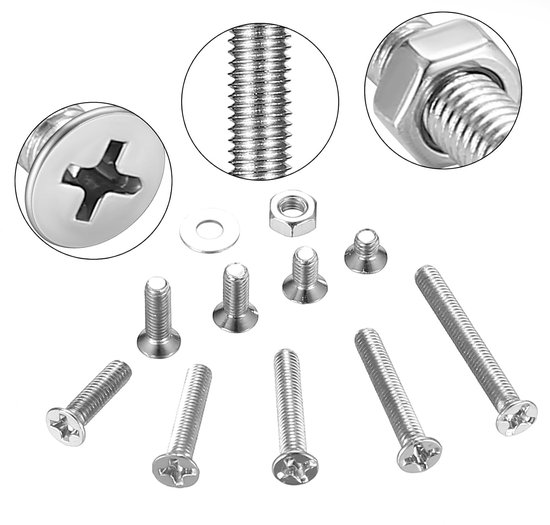 1110 stuks M3 Schroevenset, verzonken kop Schroeven moerenset, platkop schroeven en moerenset, Phillips machine schroevenassortiment, schroefdraad schroevenset met ringenset (zilver, M3) — afbeelding 5