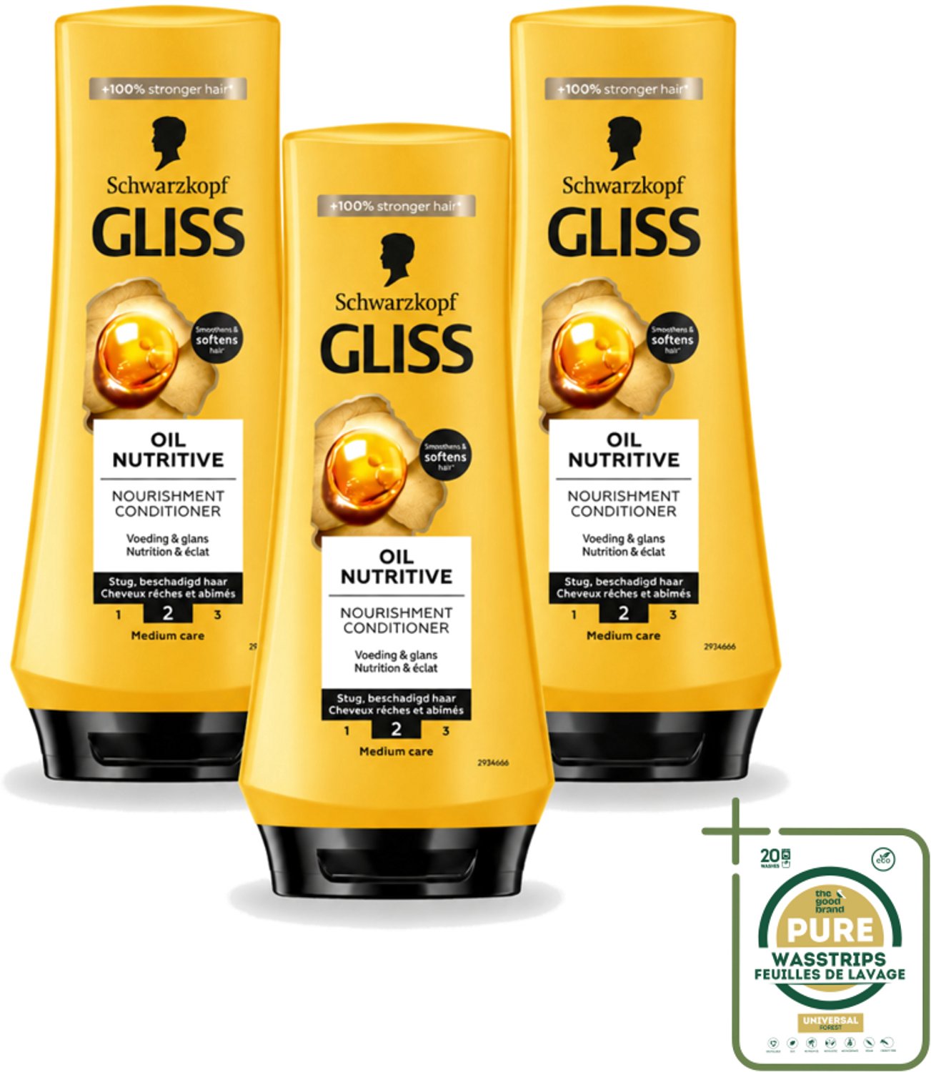3 x Gliss - Hair Repair - Conditioner Oil Nutritive voor Intensieve Voeding - 200 ml - Wasstrips - Haarverzorging - Droog Haar - Voedende Crèmespoeling - Haar Herstel - Haar Glans