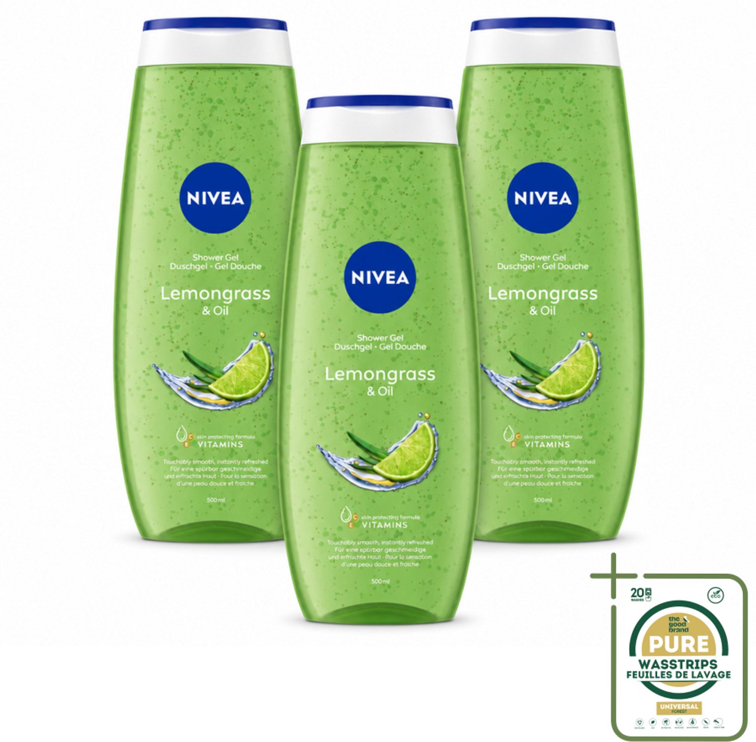 3 x NIVEA - Douchegel - Citroengras & Olieverzorging - Glad & Verfrissend Huidgevoel - 500 ml - Wasstrips - Douchegel Citroengras - Verzorging Huid - Frisse Geur - Natuurlijke Oliën - Zachte Reiniging