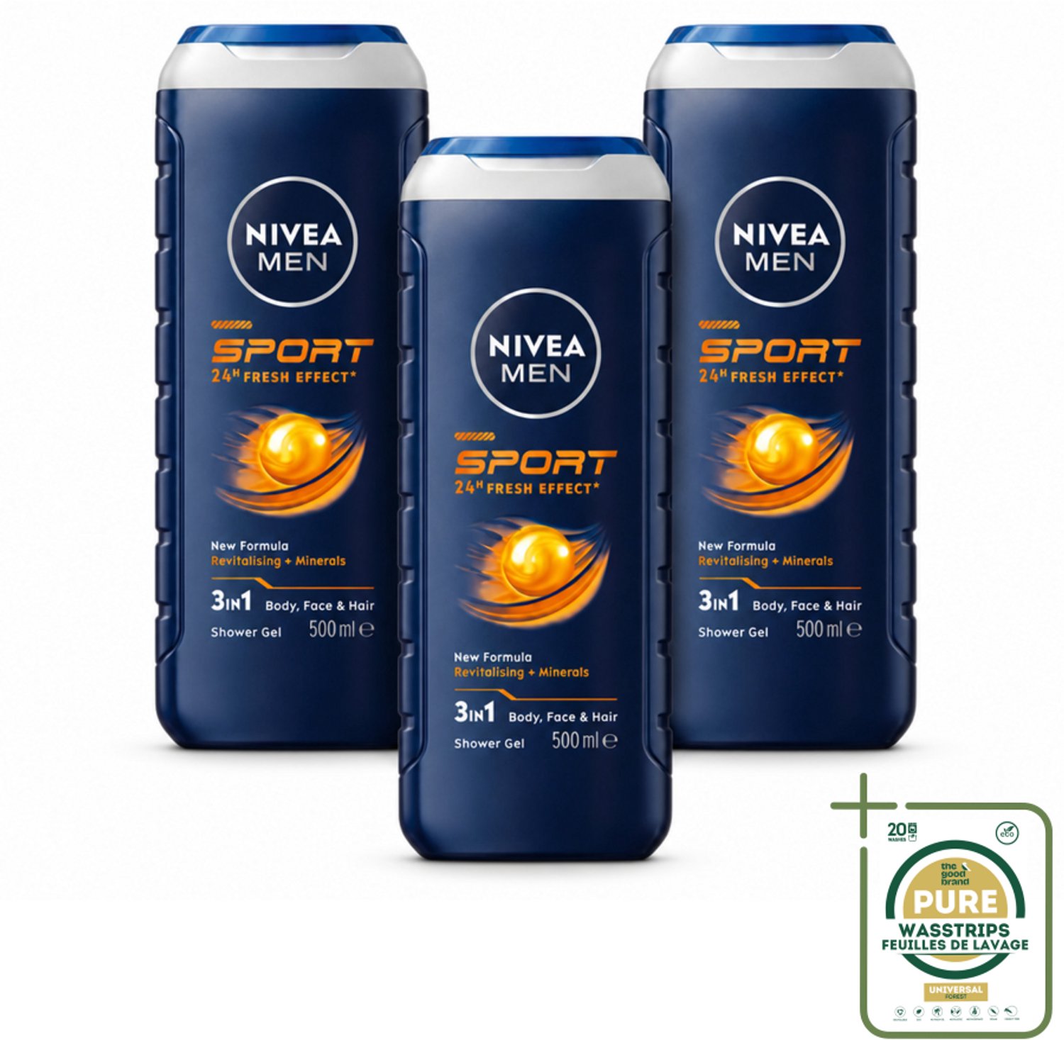 3 x NIVEA MEN - Douchegel - Sport - 500 ml - Wasstrips - Douchegel Sport - Sport Douchegel - Douchegel Mannen - Douchegel Voor Lichaam - Douchegel Voor Gezicht