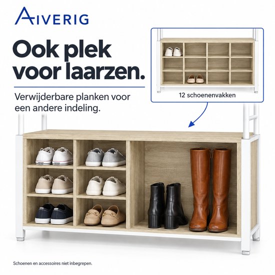 Kapstok met schoenenrek, met diverse schoenen, laarzen en tekst.
