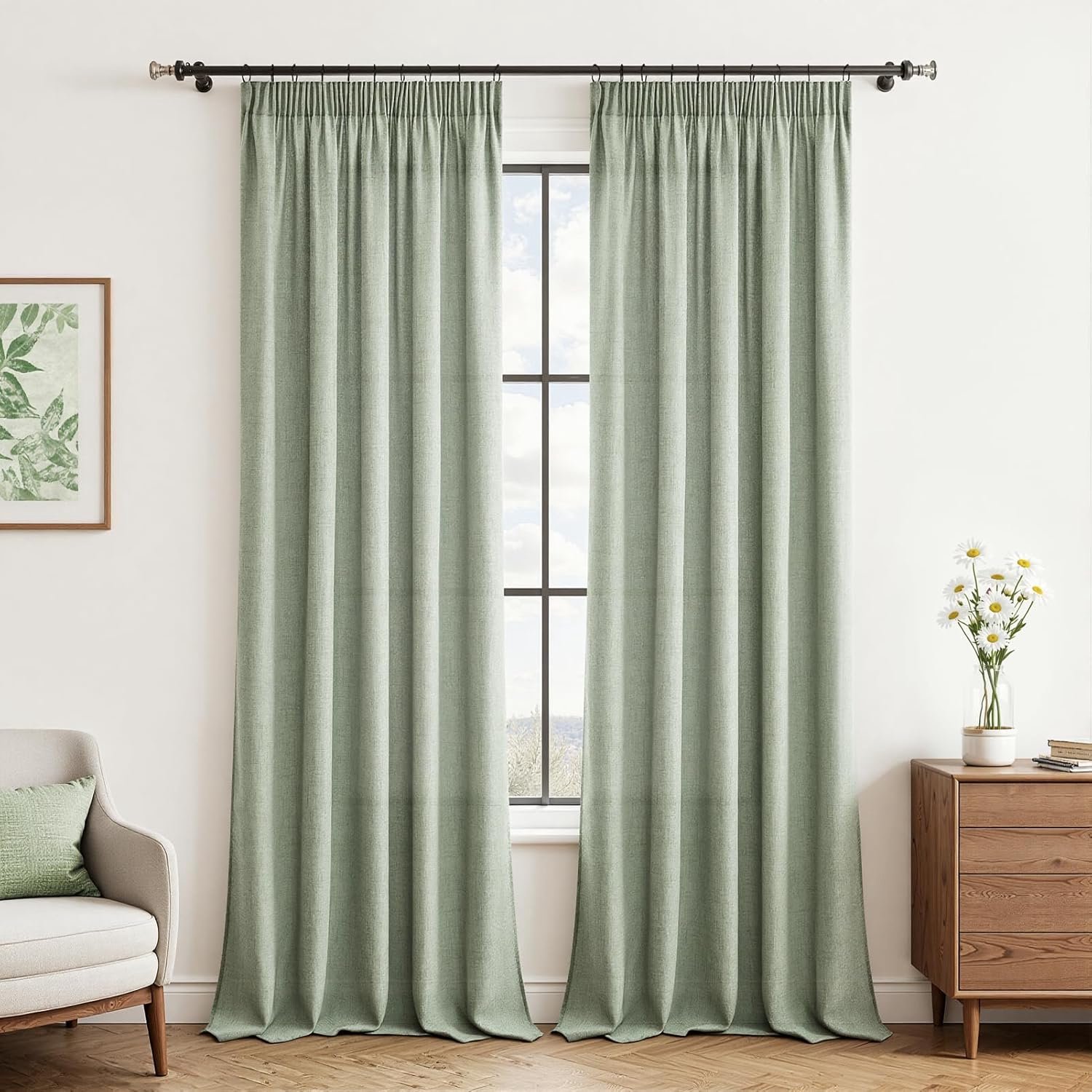CUTEWIND Curtains Green Linen Curtains with Hooks Bedroom Set of 2 245 cm High 140 cm Wide Curtain Semi-Transparent - ShopVlot