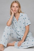 JANE WOLF Dames Pyjama Set 2-delig - Korte Mouw - Lichtblauw/Wit Gestreept met Sterrenprint - Lange Broek - Model 4728 Maat L