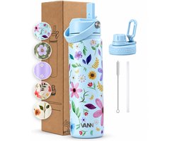 VANN® 3-Wandige RVS Drinkfles 650 ML met rietje voor volwassenen – Met 2 doppen – Thermosfles – 12 uur warm/24 uur koud – Bloemen fles – VANN FLOWER BOTTLE