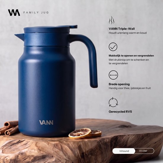 VANN® 3-wandige RVS Thermoskan 1.5L – Isoleerkan – Schenkkan met Drukknop – Voor Koffie, Thee, IJswater & Meer – VANN® Family Jug – Dark Blue — cadeau in Koken & Dineren - foto 2
