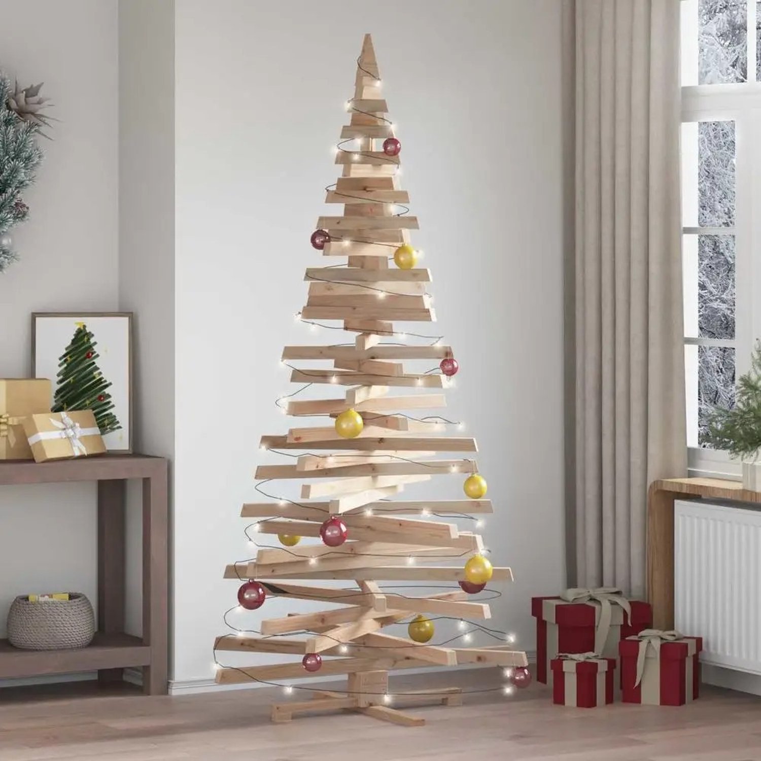 Lifero Kunstkerstboom - Kerstboom Kunst - Kerstbomen - Kerst - Houten Boom - Met Standaard - Basis Kerstverlichting en Kerstballen – foto 3