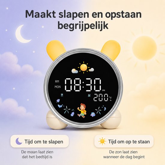 Latium Slaaptrainer Kinderen – Kinderwekker met Nachtlampje en Dimfunctie – White Noise – Dag- en Nachtindicator – Weekendfunctie – 7 Slaapgeluiden — afbeelding 2