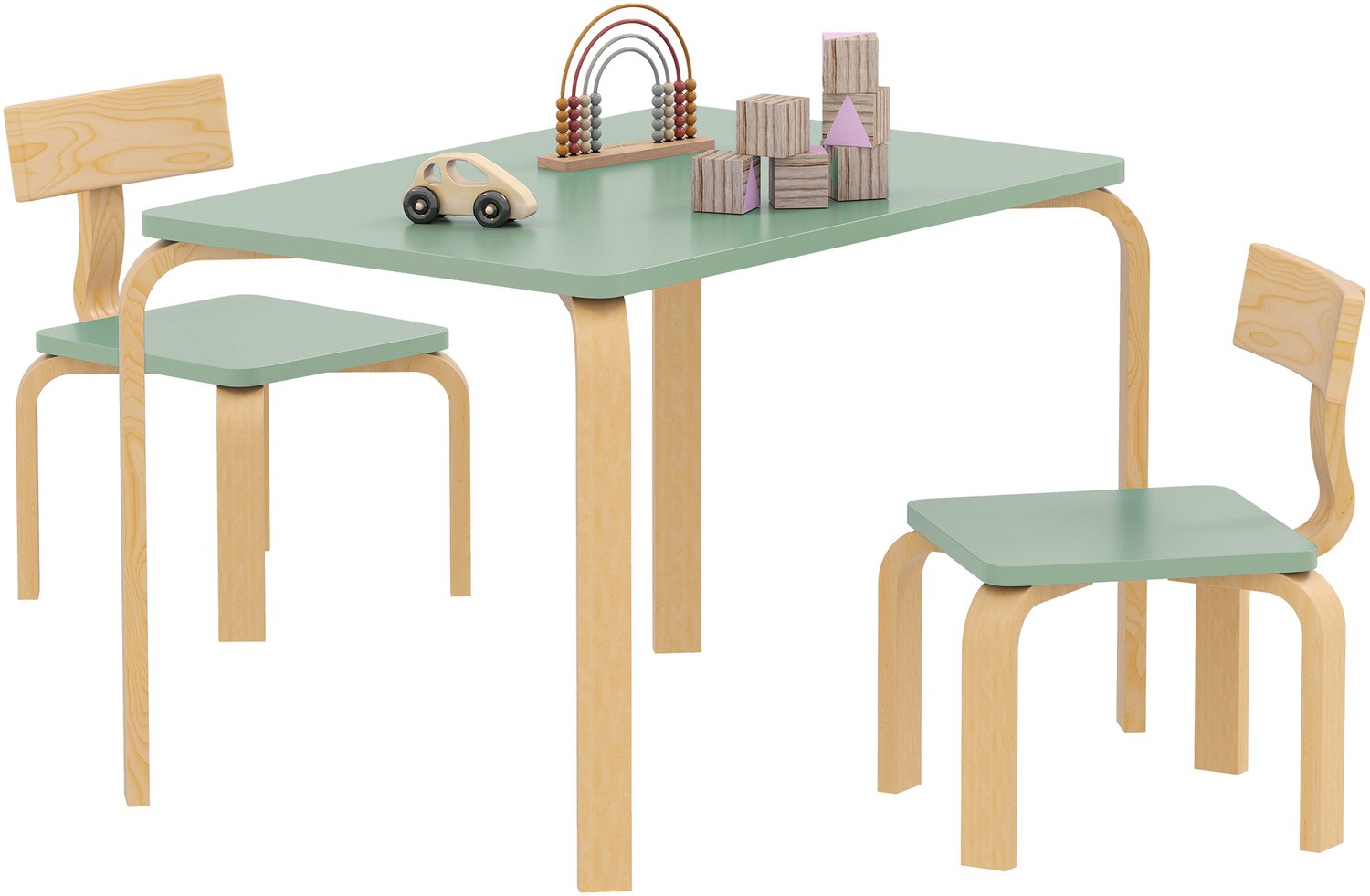 Kindertafel met stoelen - set van houten tafel en 2 kinderstoelen om te tekenen- spelen en studeren - 78x53x53cm - groen