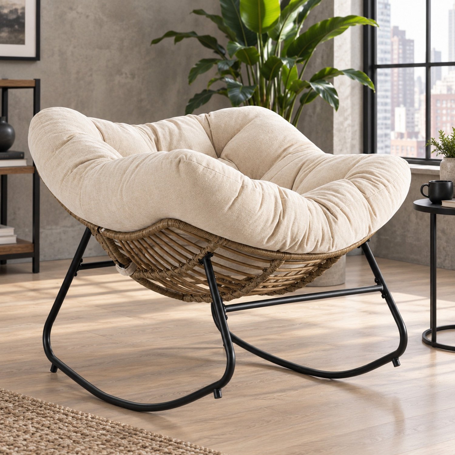DESMIU Schommelstoel Fauteuil 95 x 107 x 83 cm - Chenille Bekleding Met Metalen Frame - Voor Woonkamer, Slaapkamer En Werkkamer - Beige
