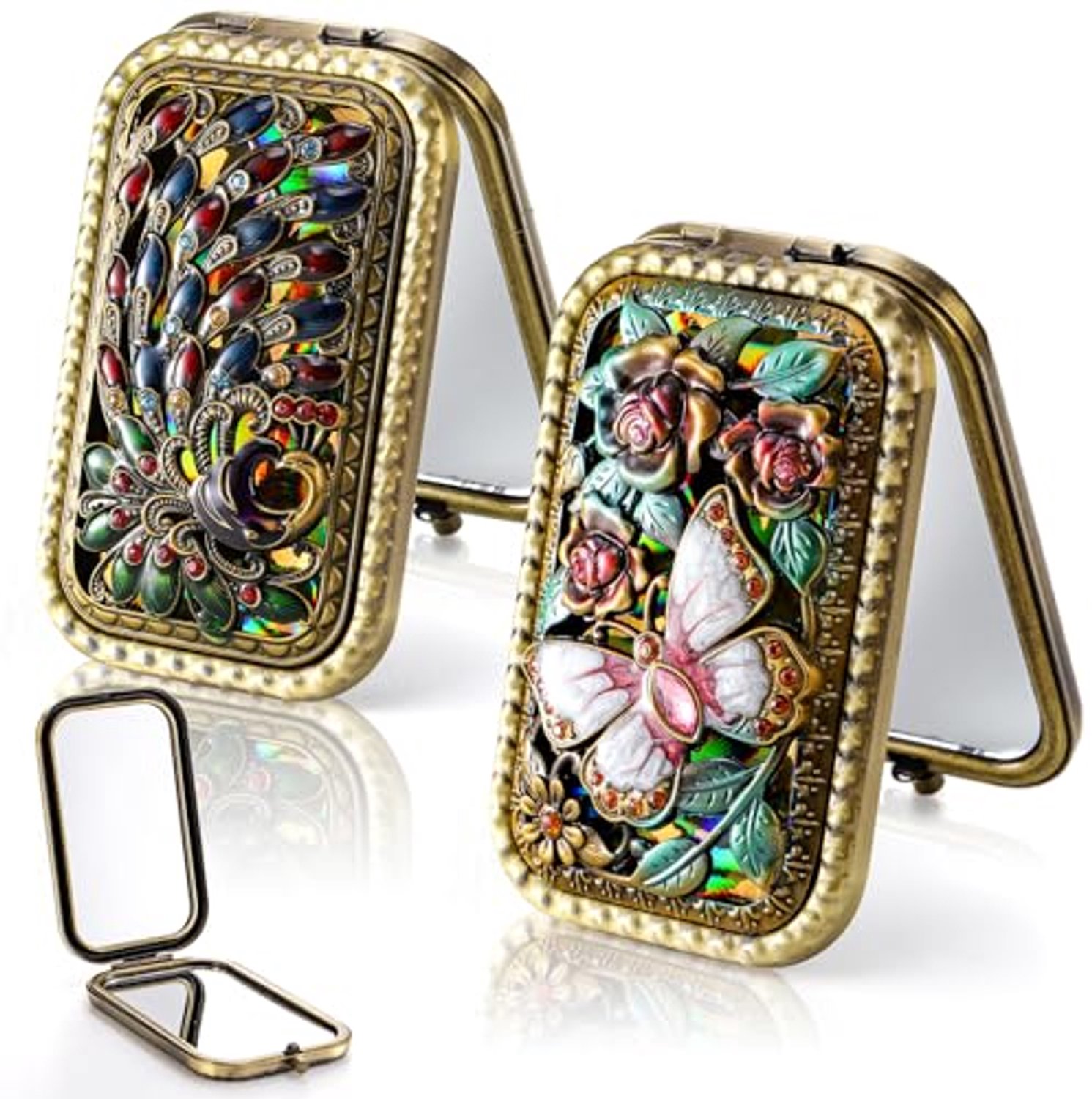 2 stuks - vintage compacte spiegel - Opvouwbare Zakspiegel - Metalen Pocketspiegel met Vlinder- en Pauwenmotief - Dubbelzijdige Reisspiegel met Vergrotingszijde - voor vrouwen en meisjes - Goudkleurig