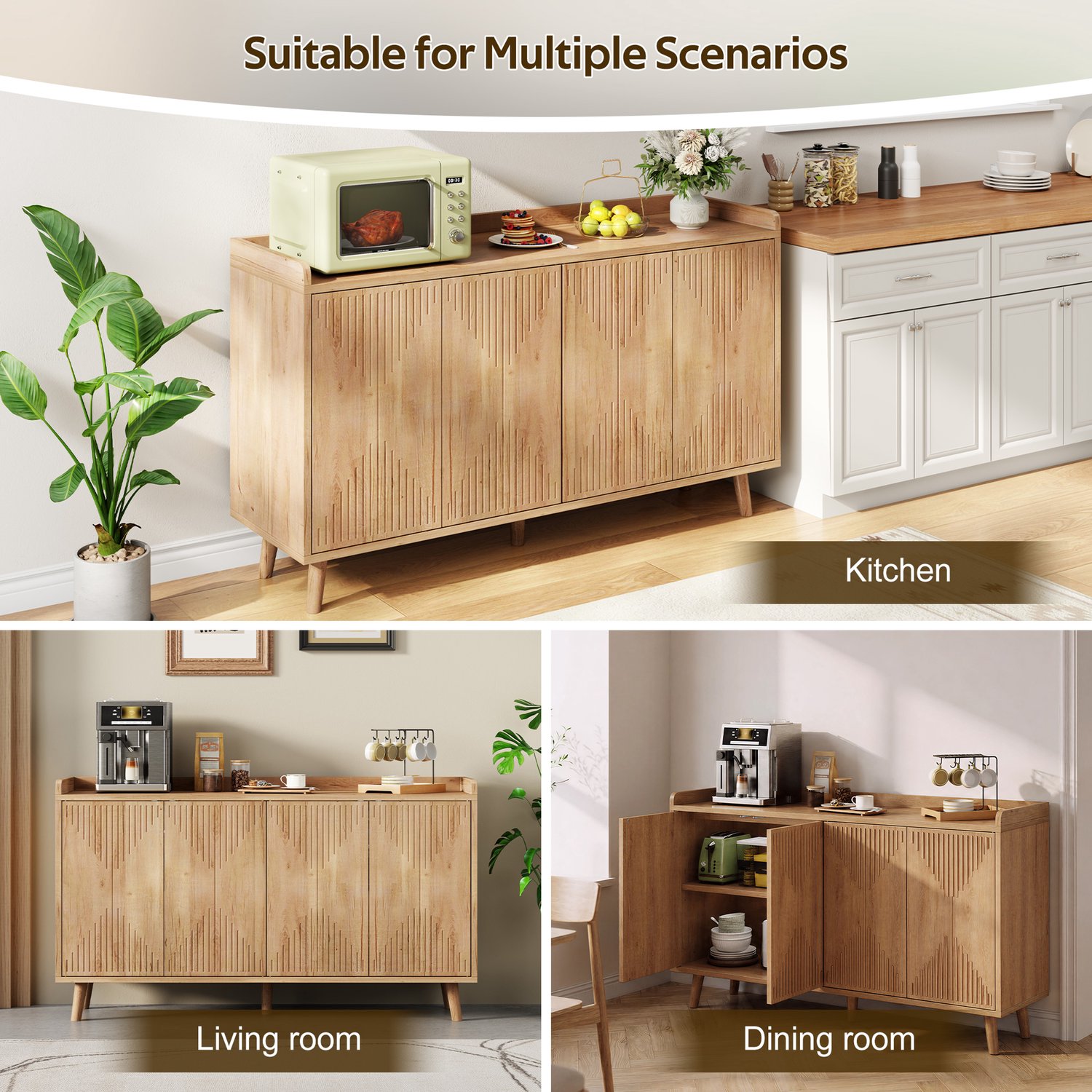 MODENUIT Keukenkast - Sideboard Met 4 Deuren En Verstelbare Legplanken - MDF - 140 x 40 x 84 cm - Naturel