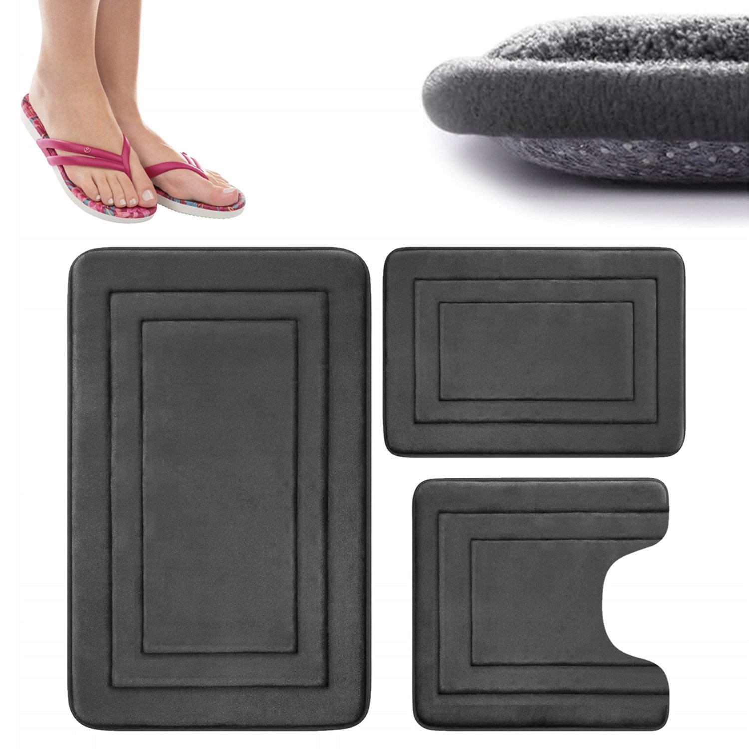 3-delige Antislip Badkamermat Set - Zacht & Absorberend - Donkergrijs