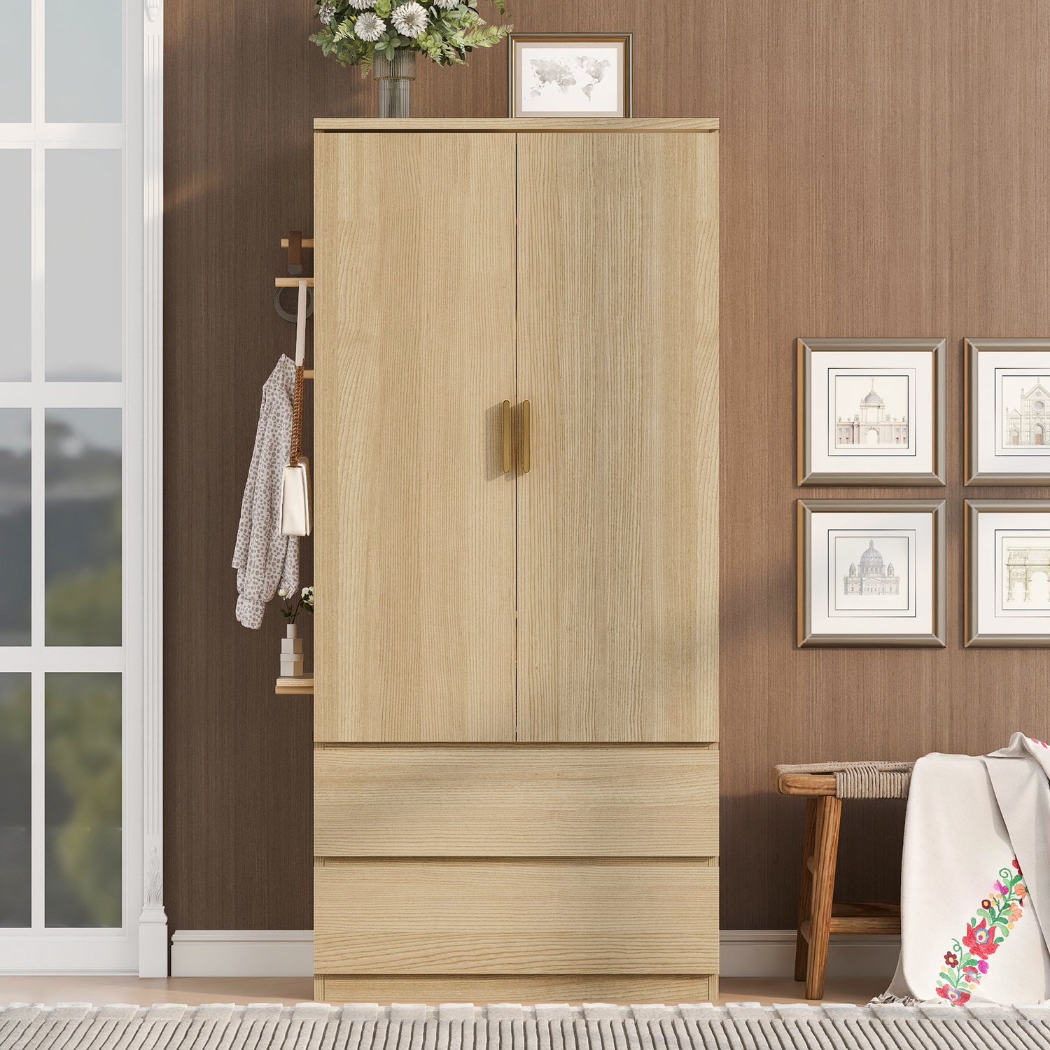 MODENUIT Kledingkast - Hangruimte En 2 Lades - Slaapkamer - MDF En Multiplex - 70x50x170 Cm - Houtkleur