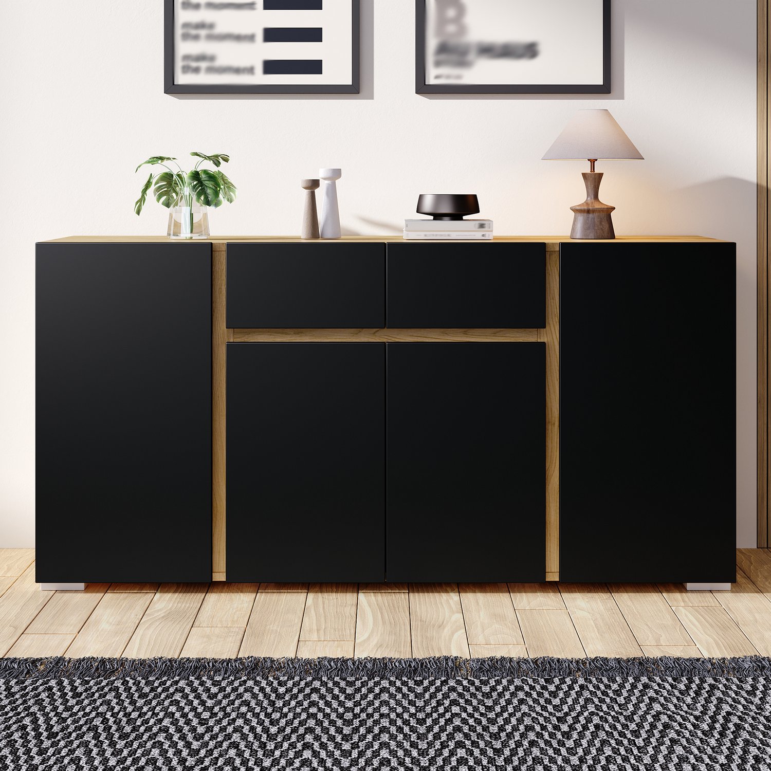 MODENUIT Dressoir - 4 Deuren En 2 Laden - Voor Woonkamer Of Hal - MDF - 140x35x70 Cm - Zwart En Houtkleur