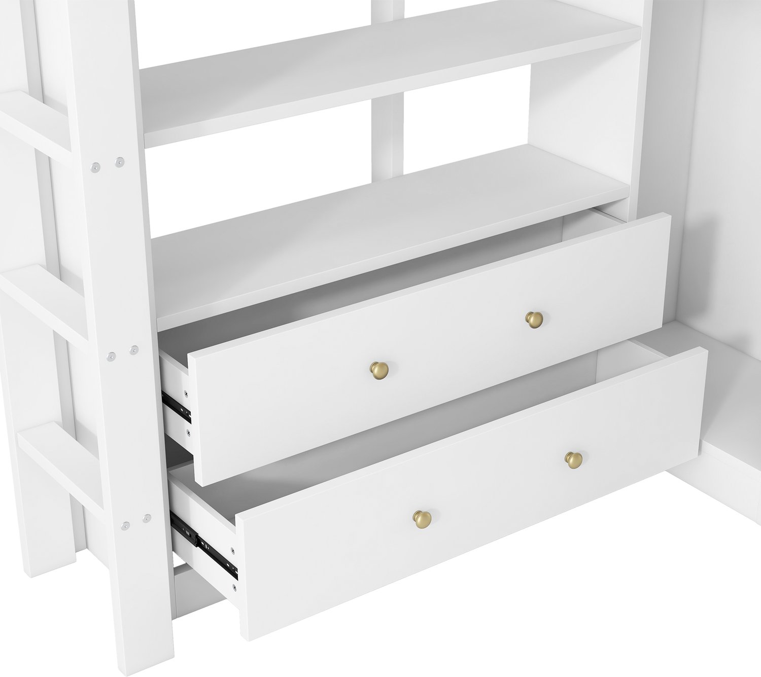 MUVANO Hoogslaper 140x200 - ingebouwd bureau - 2 laden en planken - LED-verlichting met USB-aansluiting - wit - voor kleine slaapkamers