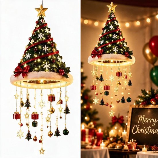 Kerstboom hanger met ster, slingers van cadeautjes, kerstboompjes en sterren, met LED verlichting.