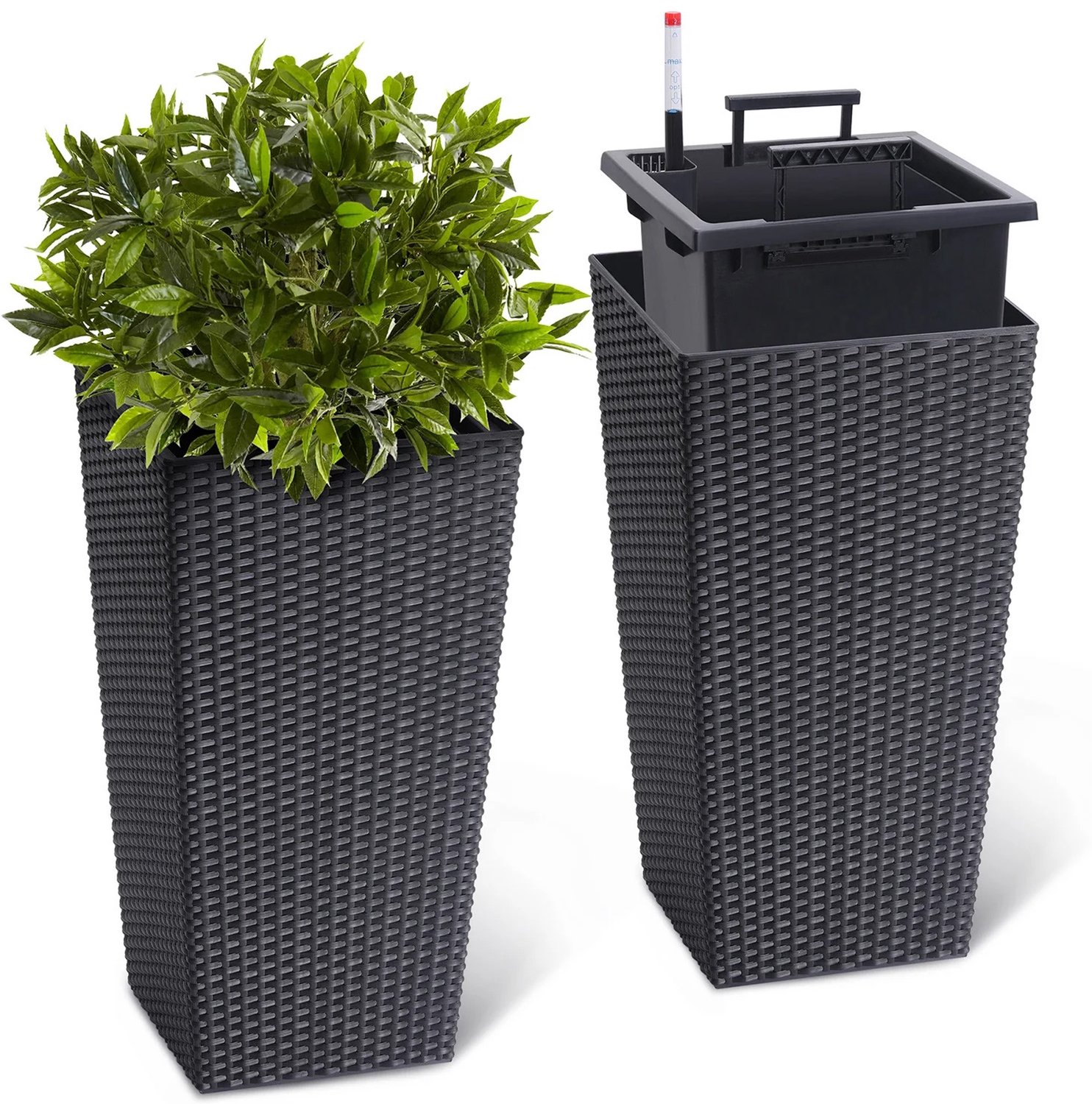 Nutrella - Bloempotten - Plantenbakken - Plantenbak - Set van 2 - Zelfwatergeefsysteem - Drainage - Waterniveau-indicator- 40,6 cm - Zwart
