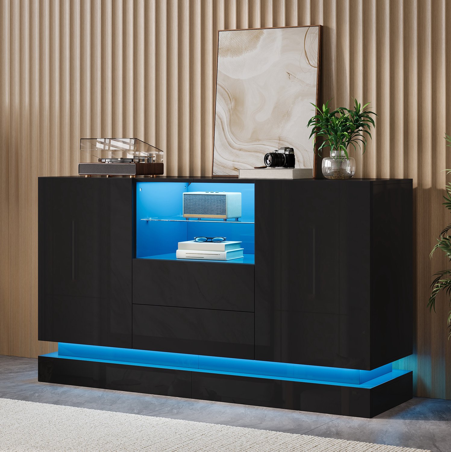 DESMIU Dressoir - Ledverlichting Met Appbediening - 2 Deuren En 2 Laden Voor Woonkamer - Spaanplaat - 140x40x80 Cm - Zwart