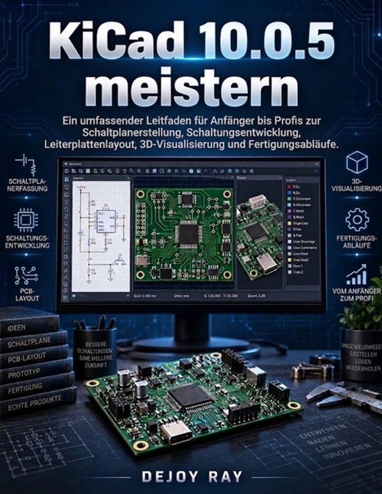 Boekomslag 'KiCad 10.0.5 meistern' met een computermonitor die een printplaat en schakelschema toont.