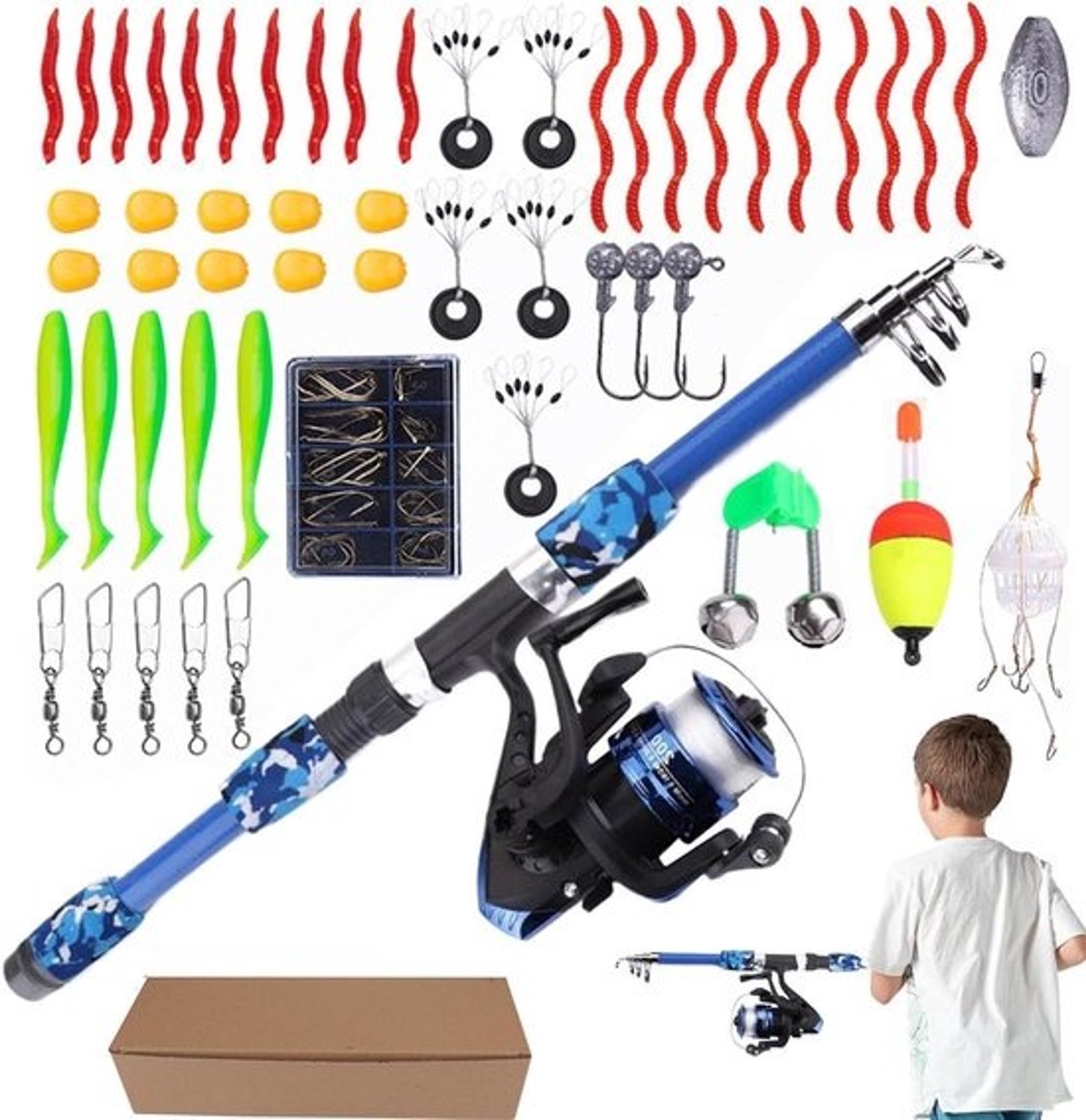Hengelset voor kinderen - Beginnersuitrusting - Voor buitenactiviteiten - Compleet uitgerust - 180 cm - Blauw
