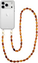 Doorzichtig iPhone 14 Pro hoesje met een lang bruin en oranje koord van ovalen harskralen.