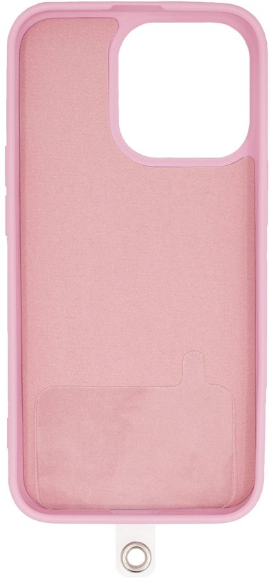 Roze telefoonhoes met zilverkleurige clip voor een telefoonkoord.