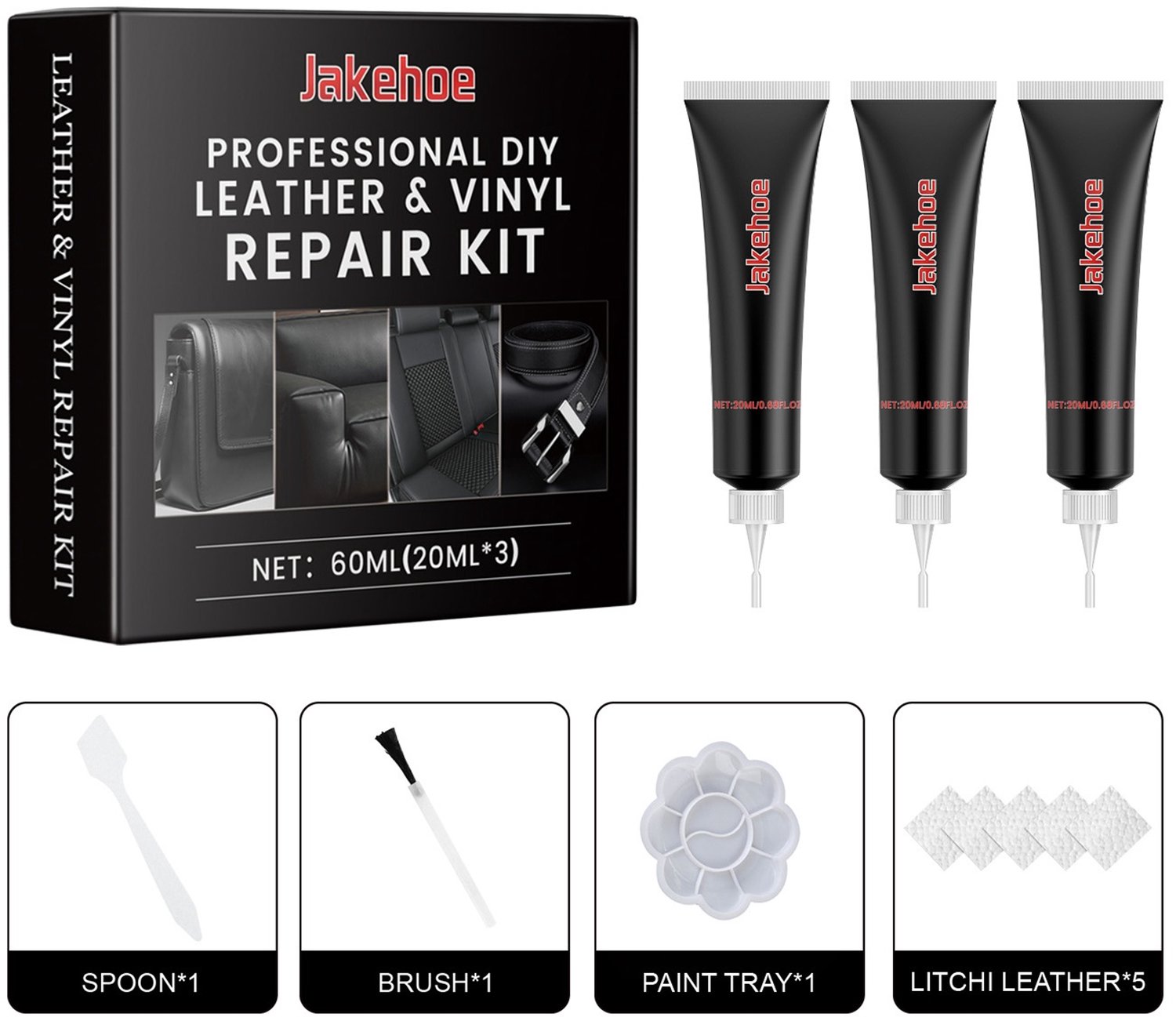 TLVX Leer Reparatie Set Zwart 60ML / Auto / Motor / Stoel / Bank / Leder en Vinyl reparatie / Leer scheur / Leder herstel gel / Autostoel leer krassen / Kras leer herstel / Dofheid Leer / Haken en ogen leer en vinyl / Snel Leer Herstellen / 3 Tubes
