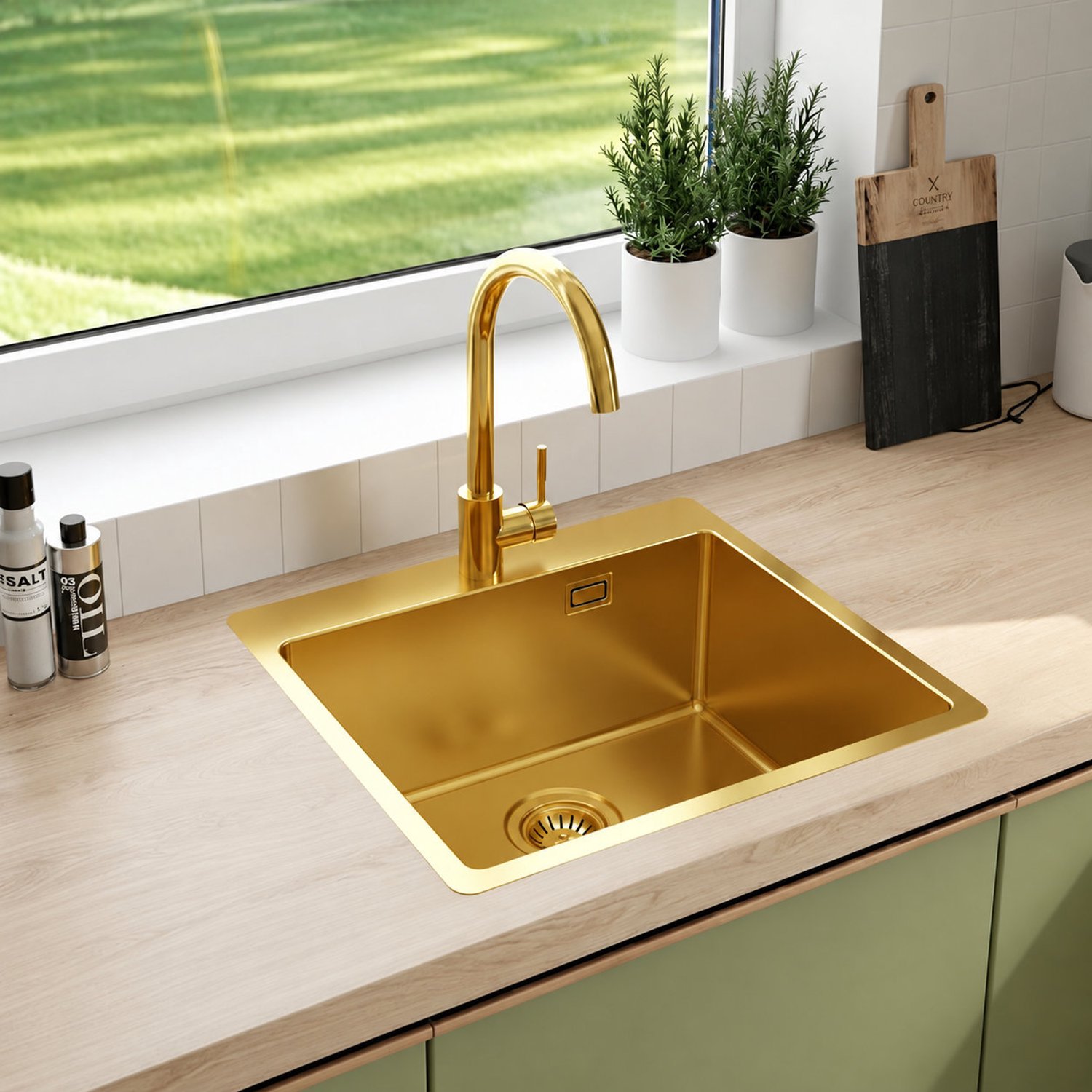 Faizee Home Steelcore RVS Spoelbak 55 x 50 cm - 17 cm Diep - Met Sifon - Optioneel met Bijpassende Kraan Gold Mit Armatur