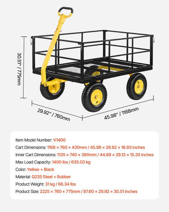VEVOR-Wagen 116,8 X 76 X 77,5 cm, Transportwagen 635 Kg, Tuinwagen, Gereedschapswagen, 2-in-1 Handwagen, met All-Terrain Banden, Afneembare Zijpanelen van Gaas en 180° Draaibare Handgreep — afbeelding 3