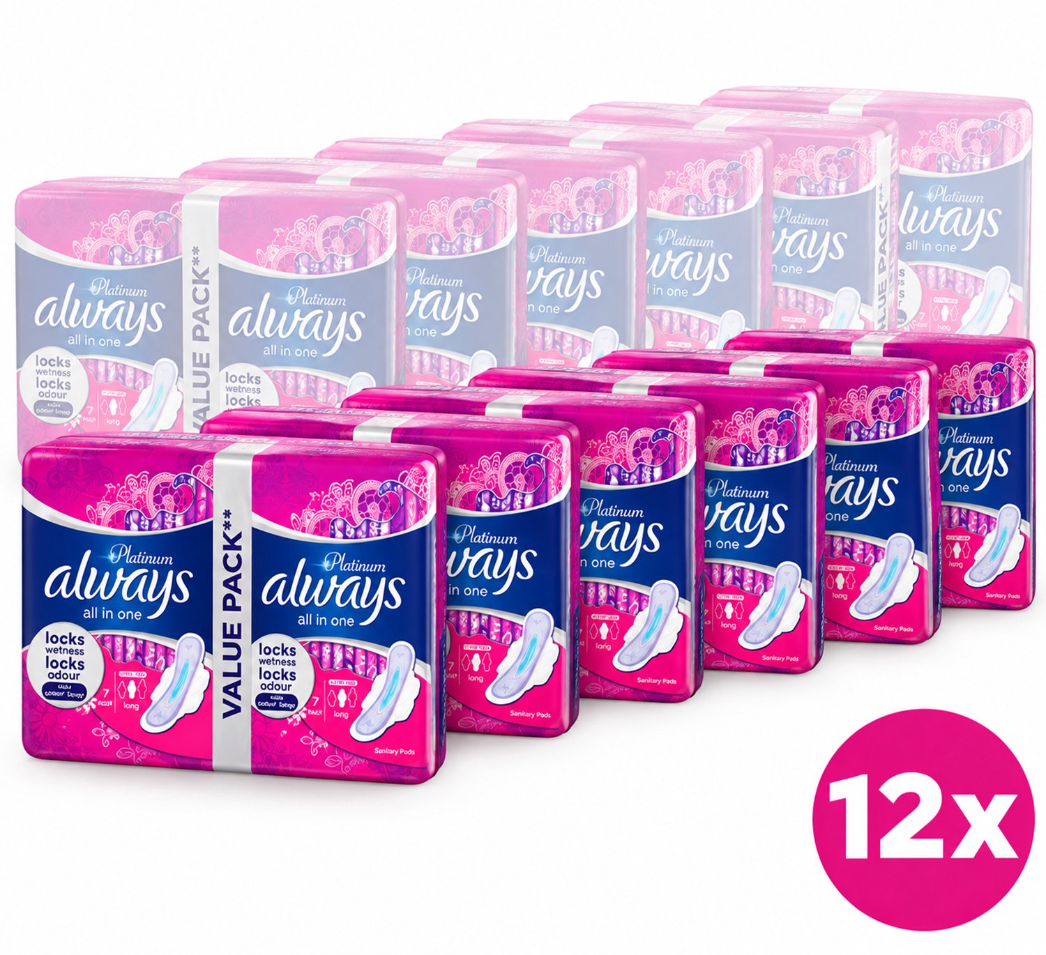 Always Platinum All in One Maandverband Long – Met Vleugels – 12 x 7 Stuks – 84 Stuks – Voordeelverpakking