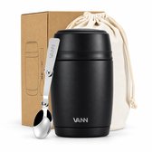 VANN® Thermos Lunchpot 450ML – Soepbeker To Go, Yoghurt Beker To Go – Muesli Beker met Lepel – Thermos Voedselcontainer - Vaatwasserbestendig - Satin Noir
