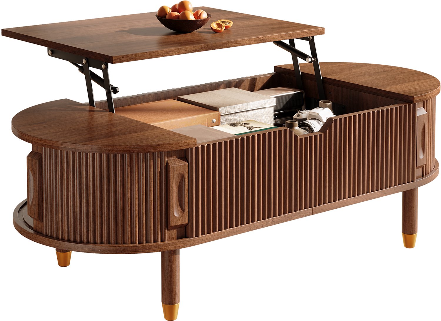 Clruro Salontafel - 110×48×57 cm - Hefblad - 2 Geribbelde Schuifdeuren - MDF/Rubberhout - Walnoot