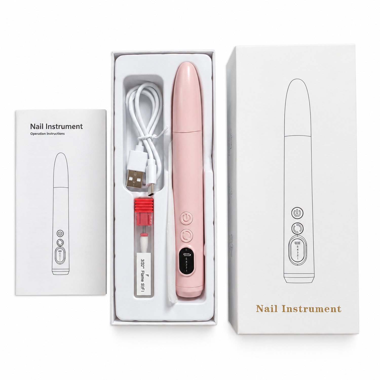 elektrische nageltrimmer - 6 slijpkoppen - USB Type-C opladen - roze complete set - met verpakking en handleiding