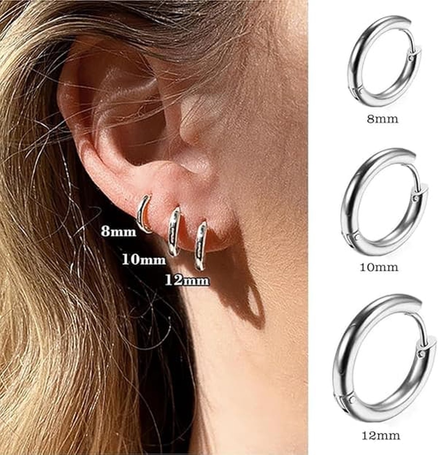 Paar oorbellen/lippiercings van roestvrij staal voor mannen en vrouwen, 8/10/12 mm (zilver), roestvrij staal zilver