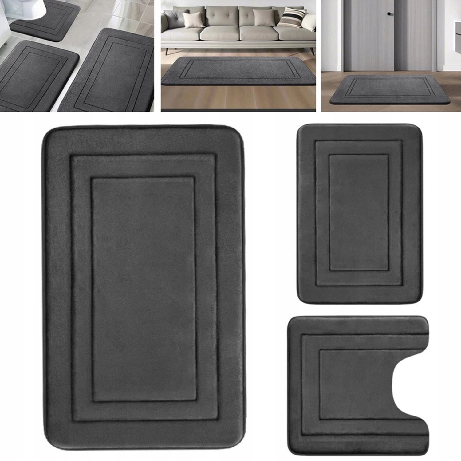 3-delige Antislip Badkamermat Set - Zacht & Absorberend - Donkergrijs