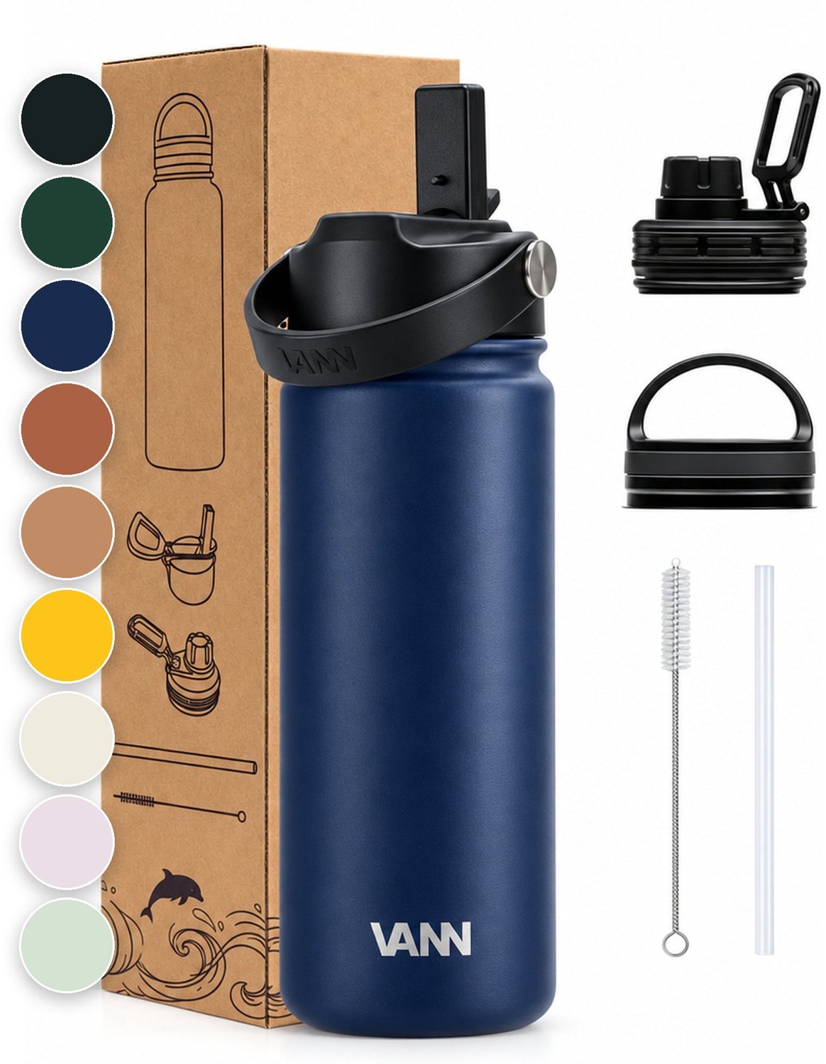 Bol.com VANN® 3-Wandige RVS Waterfles 500 ML met rietje voor volwassenen – Met 5 accessoires – bidon – 24 uur koud/12 uur warm –... aanbieding