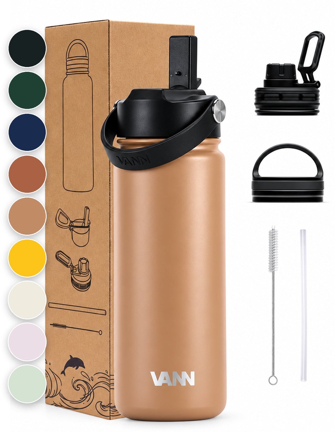 VANN® 3-Wandige RVS Waterfles 500 ML met rietje voor volwassenen – Met 5 accessoires – bidon – 24 uur koud/12 uur warm – Cappuccino – VANN Ultimate Bottle®