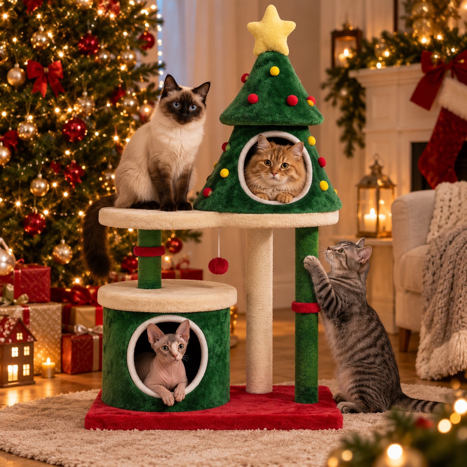 Kerst Krabpaal voor Katten - 120 cm - Kerstboom Krabpaal - Kattenhuisje - Kattenmand - Speelboom - 2-3 Katten - Kerstcadeau