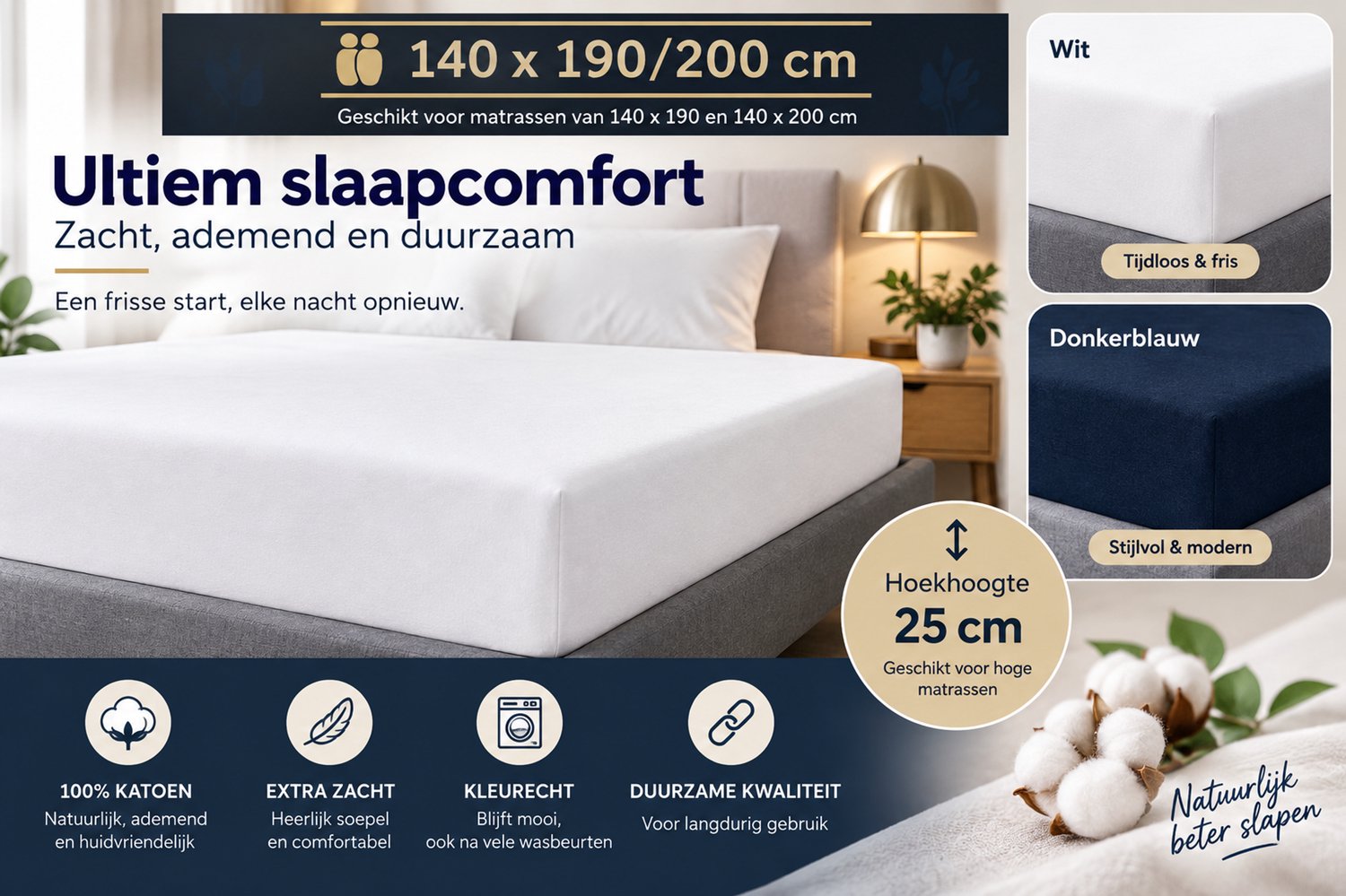 Hoeslaken 140x190/200 cm – 100% Katoen – Hoekhoogte 25 cm – Zacht & Ademend