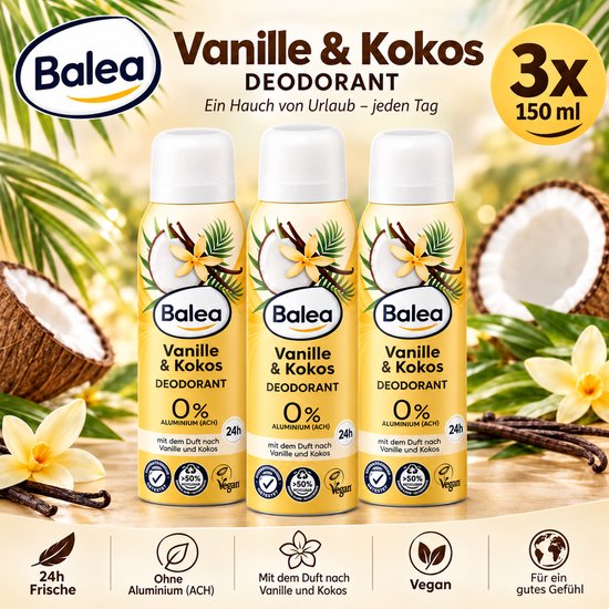 Balea Vanille & Kokos deodorant, 3x 150 ml. Met vanille en kokosgeur, 0% aluminium, 24 uur frisheid en vegan.