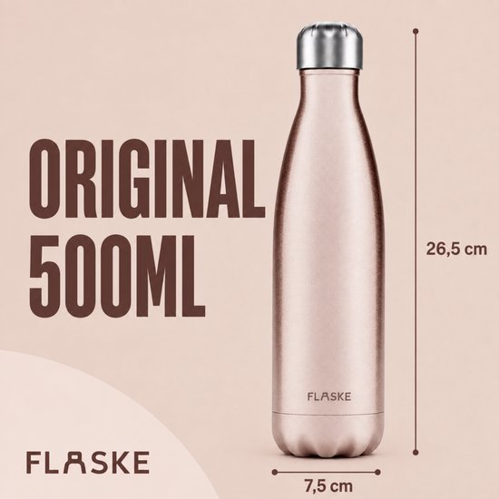 Lichtroze FLASKE fles van 500ML met zilveren dop. Afmetingen 26,5 cm hoog, 7,5 cm breed.