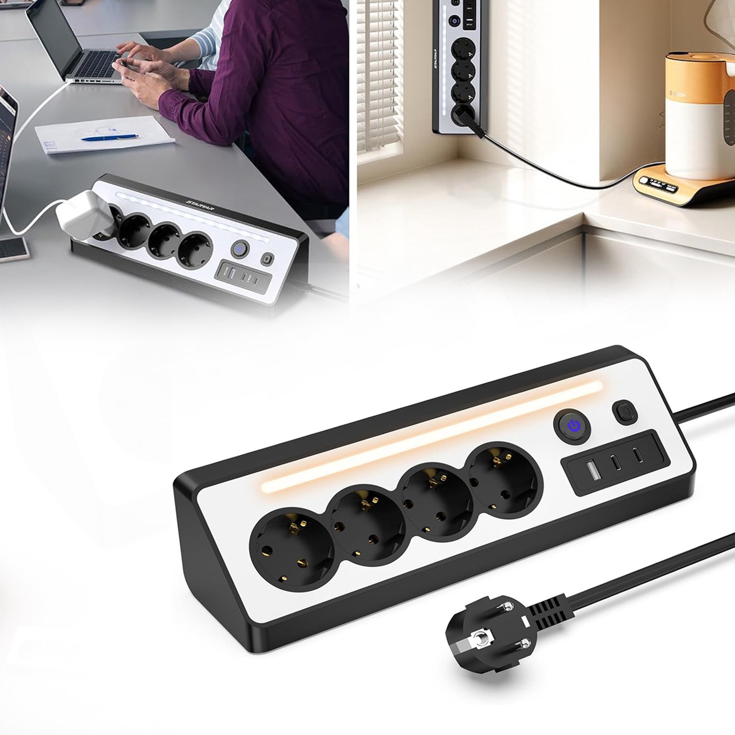 8-In-1 Voedingsprintplaat, Hoekstekkerdoos, Met Led-Nachtlampje, Veilig en Hittebestendig.