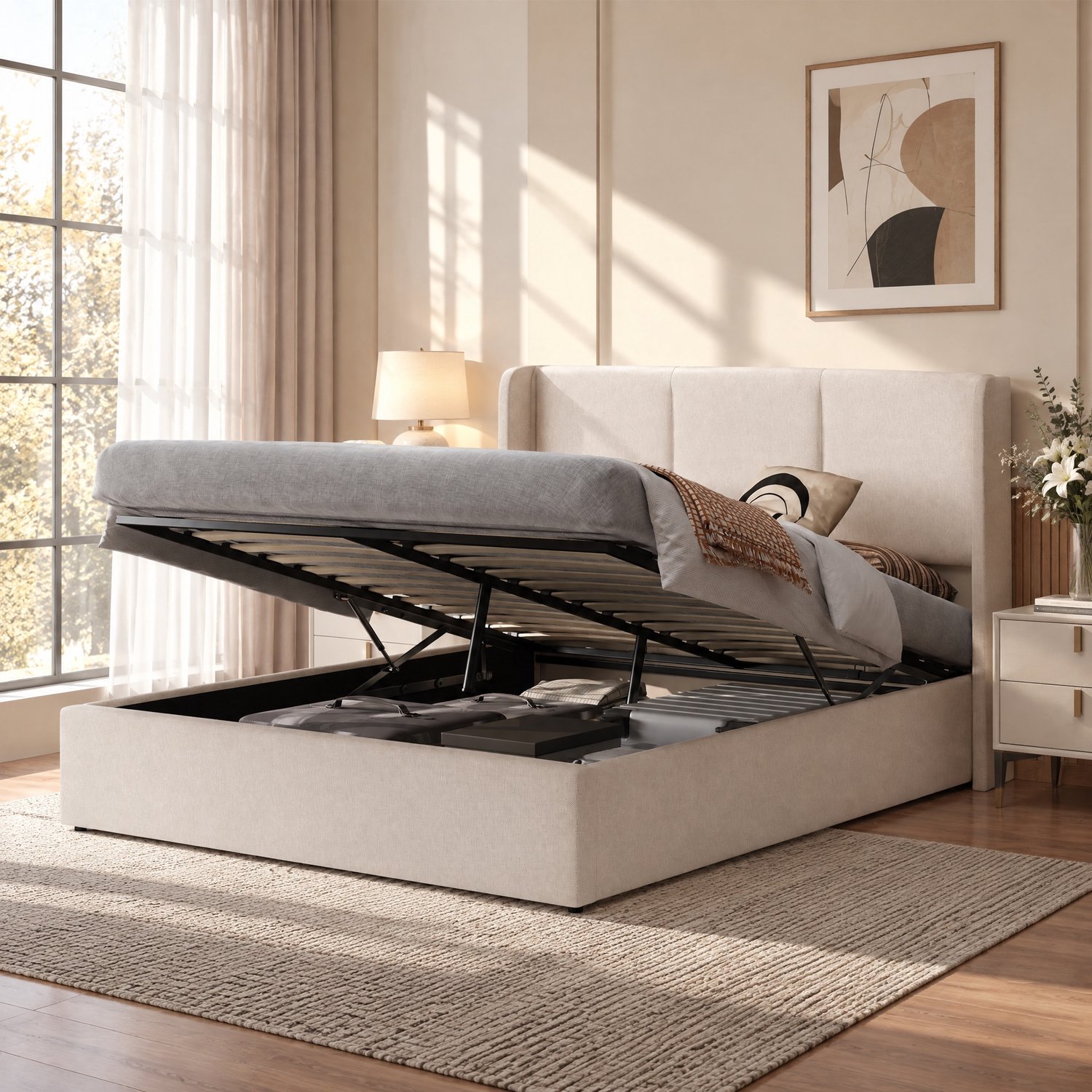 MEXUS Opbergbed 140x190 cm met opbergruimte, Tweepersoonsbed met lattenbodem, Gestoffeerd met hydraulische opbergruimte, Bed met lattenbodem, fluweel Beige