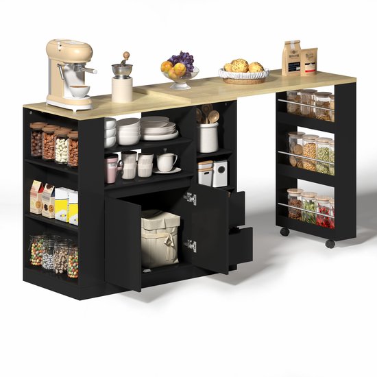 Keukeneiland met uitschuifbaar werkblad - Opbergruimte met kasten en lades - Koffiebar voor keuken en eetkamer - Zwart met naturel houtlook