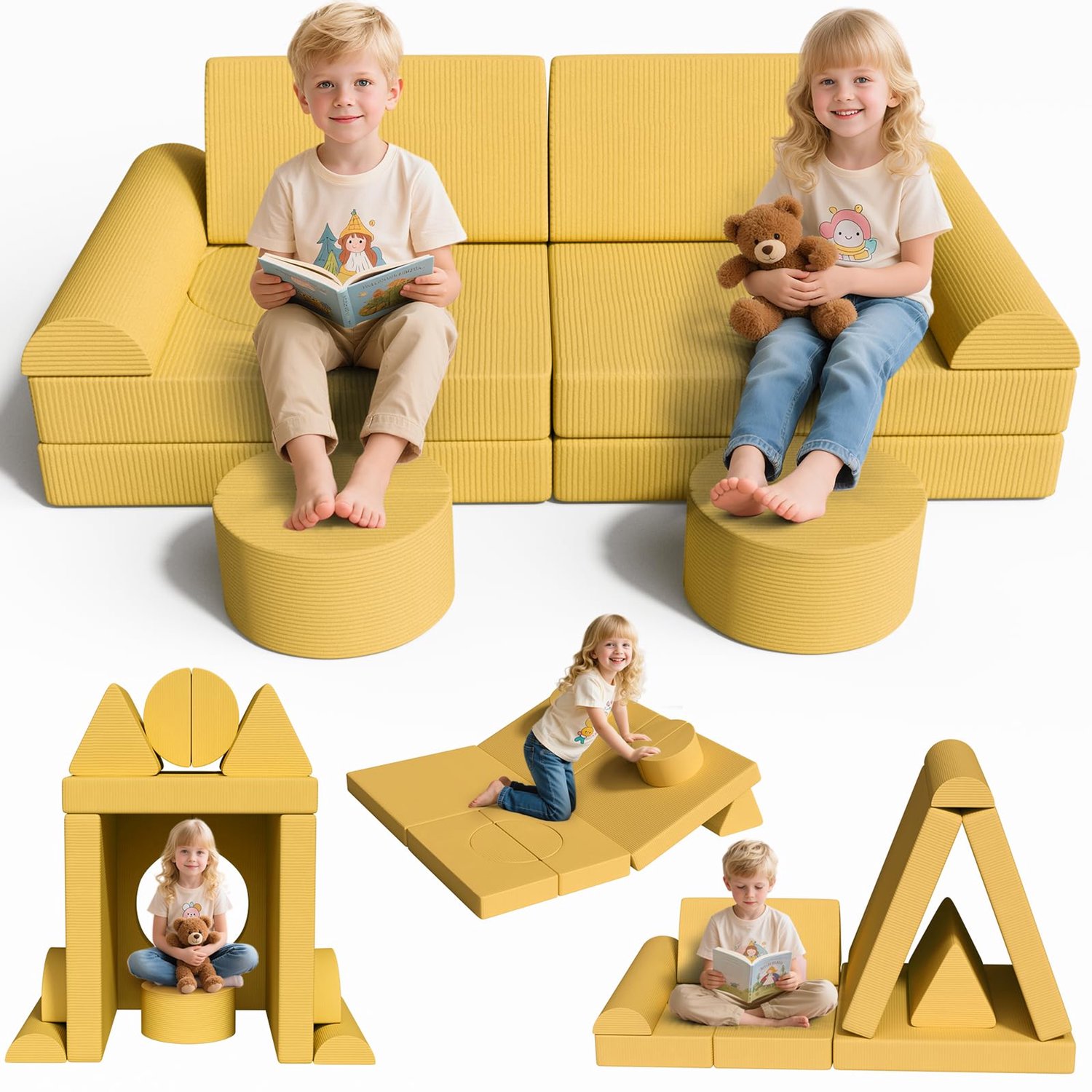 MAMIZO 15-delige modulaire Speelbank voor Kinderen - Kinderbank - Kindersofa - voor Speelkamers Slaapkamers Kinderkamers Kinderdagverblijven - Geel